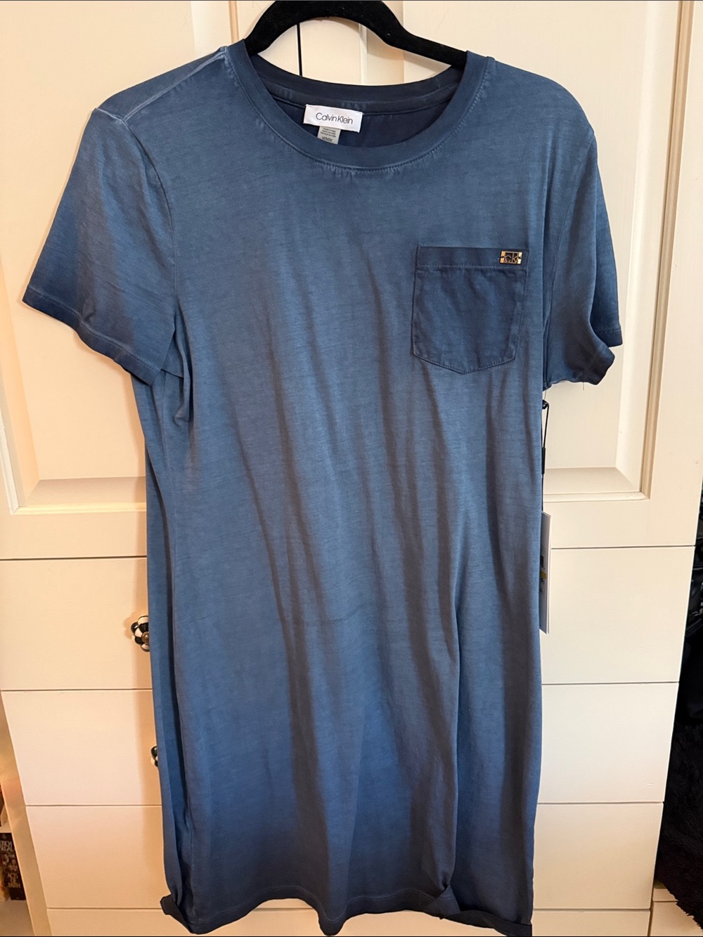 Calvin Klein Slate Blue Short-Sleeve Midi Pocket Dress